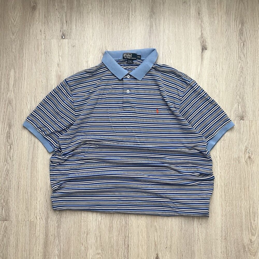 Vintage Polo Ralph Lauren Polo Shirt Mens XXL Blue White Striped Short Sleeve